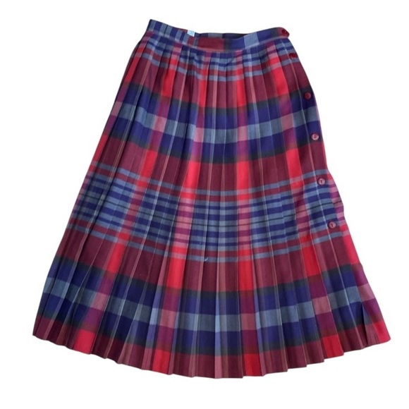 Vintage Wool Tartan Scottish Plaid Pleated Red and Purple Midi Skirt Sz S - Picture 4 of 14